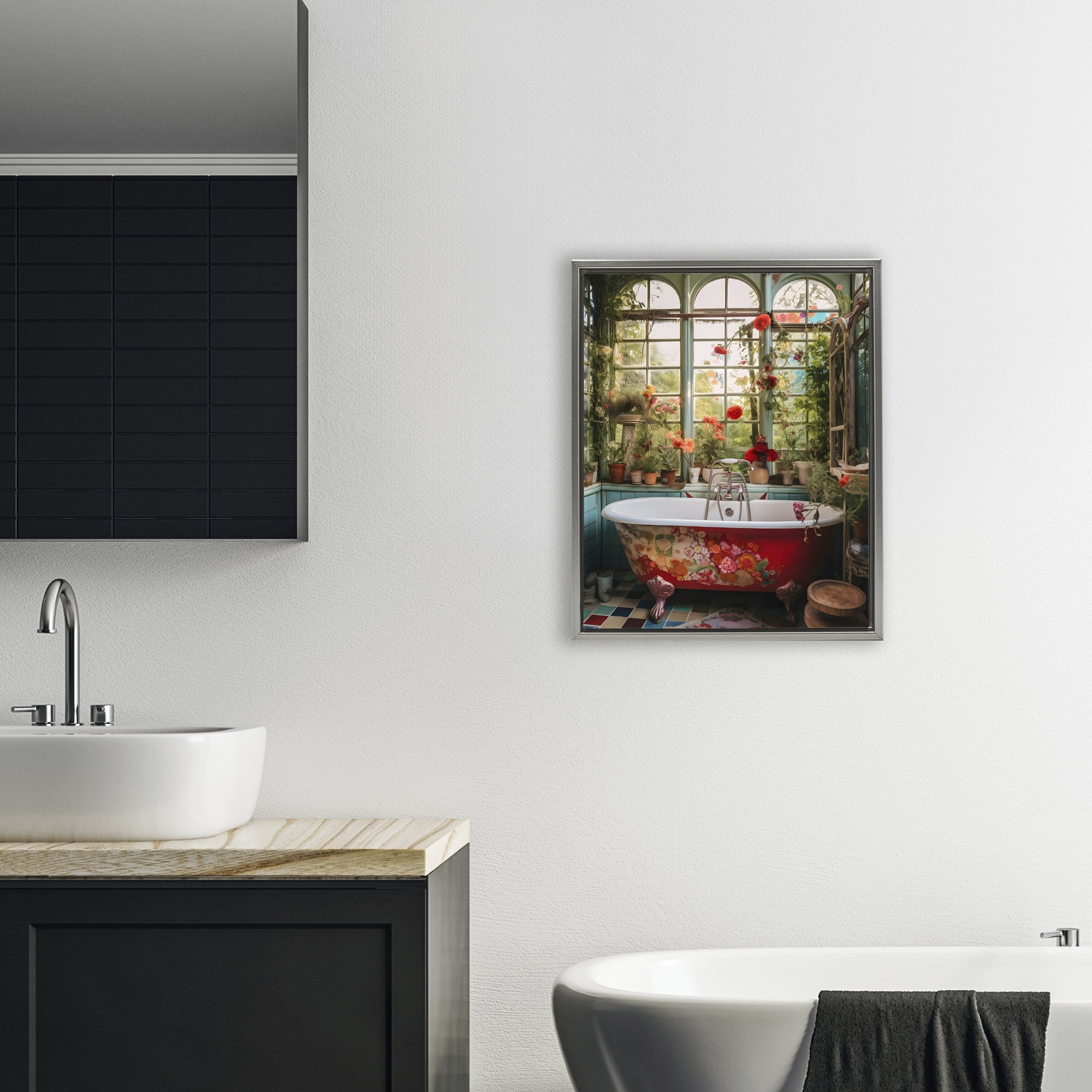 Floral Sunroom Tub Gray Framed Floater Canvas Wall Art, design by Lettered and Lined