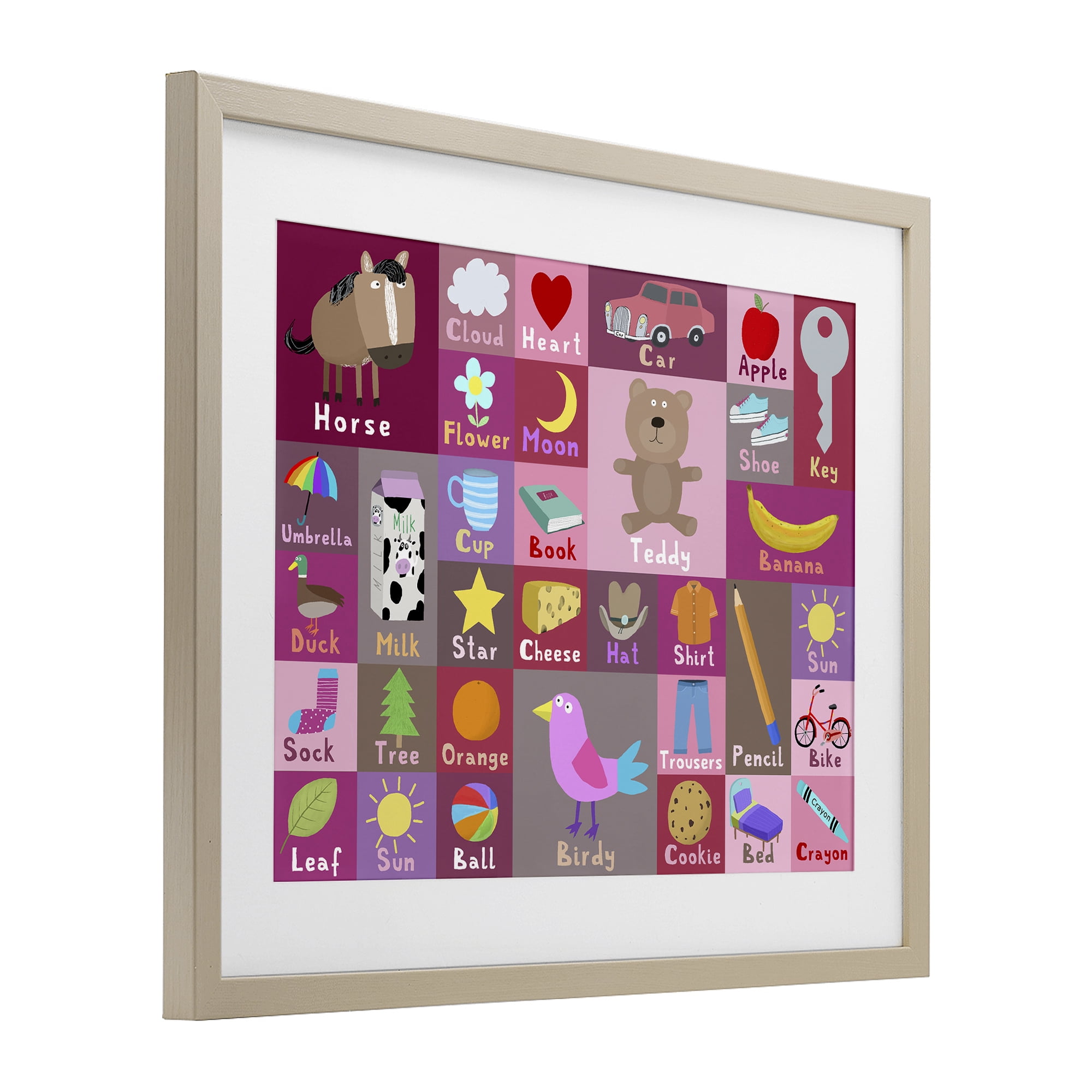 Stupell Industries Pink First Words Birch Framed Print Under Glass, design by Carla Daly