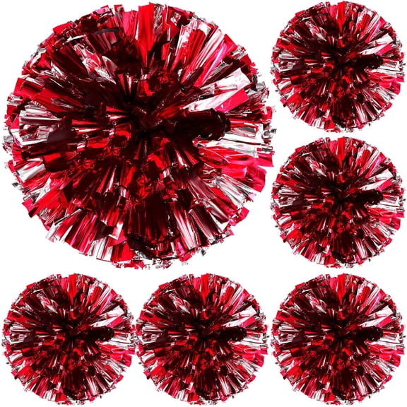 6 Pieces 12 Inch Metallic Cheerleading Pom Poms Cheerleading Handheld Squad Pompoms For Sports Team Cheer Games(Red-Silver)