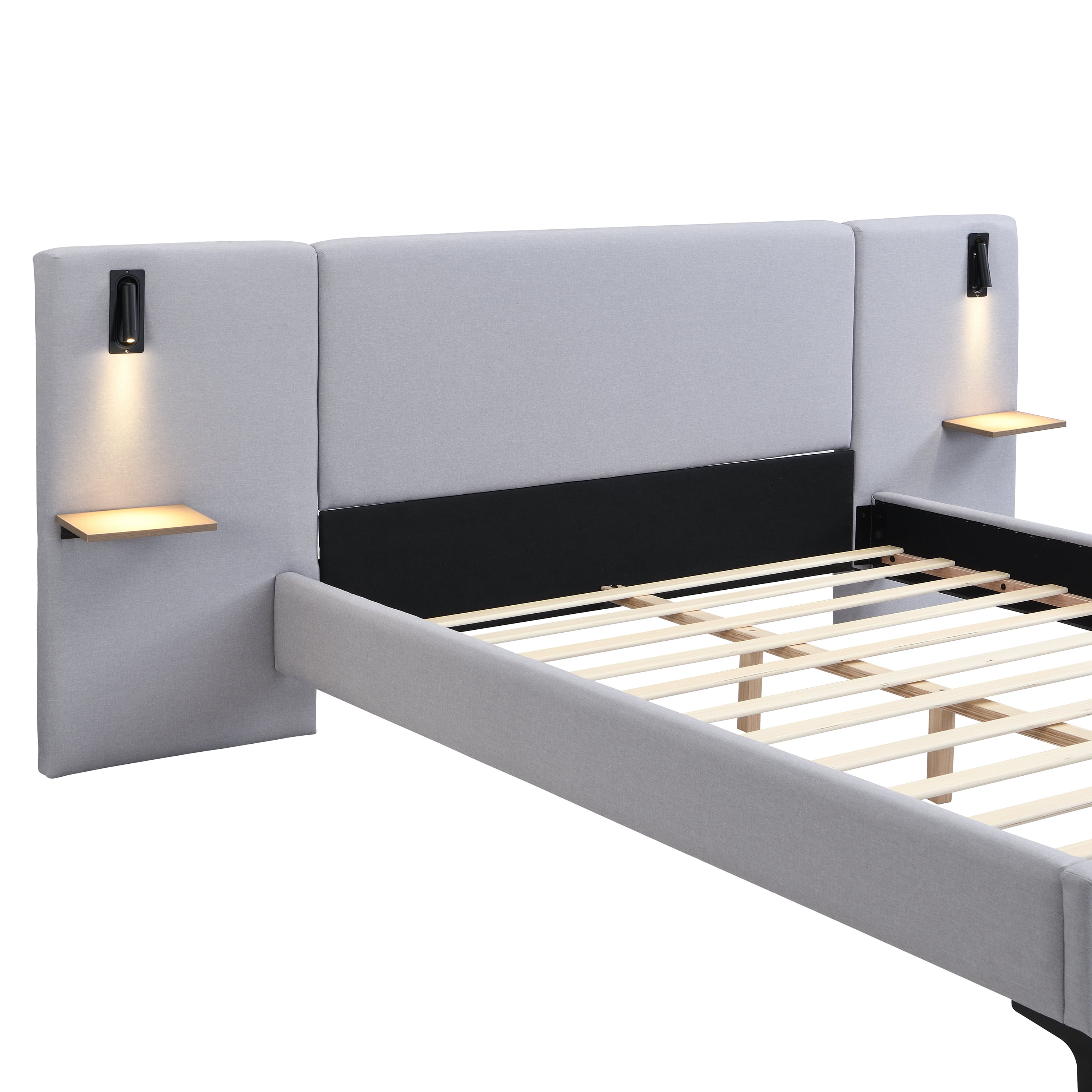 Bed Frames Chic Linen Upholstered Bed with Integrated Lights and Shelves, Grey, Queen,Adjustable Bed Base