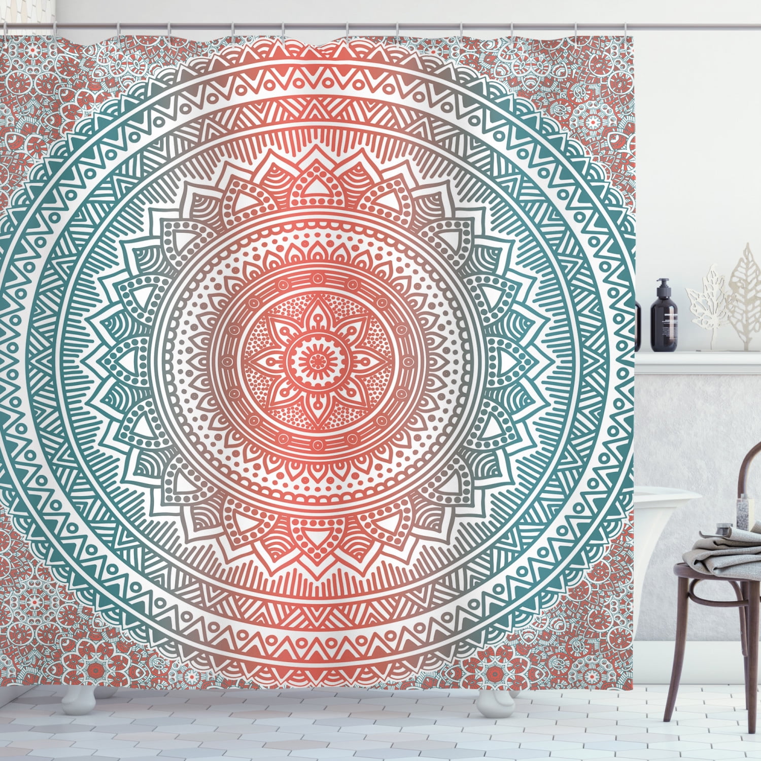 Vintage Ornate Pattern Henna Style Mandala Art Work Print Shower Curtain Set 