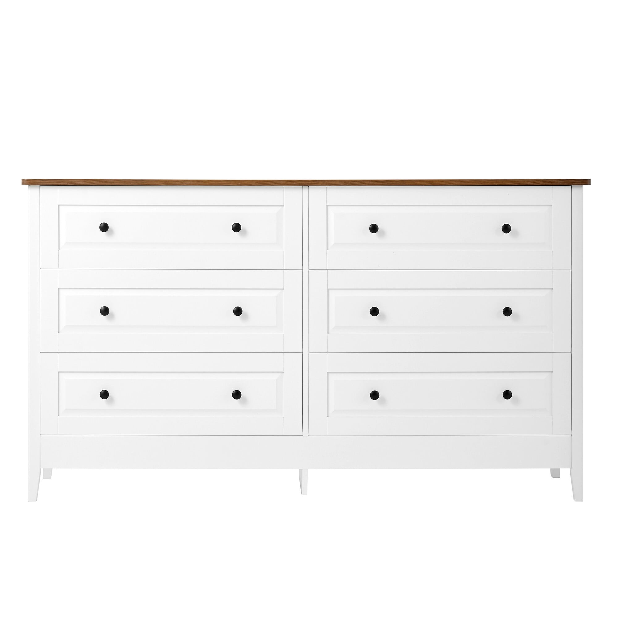 AENKYO 6-Drawer Chests with Walnut Top, Double Dresser for Bedroom, Living Room, Ivory White