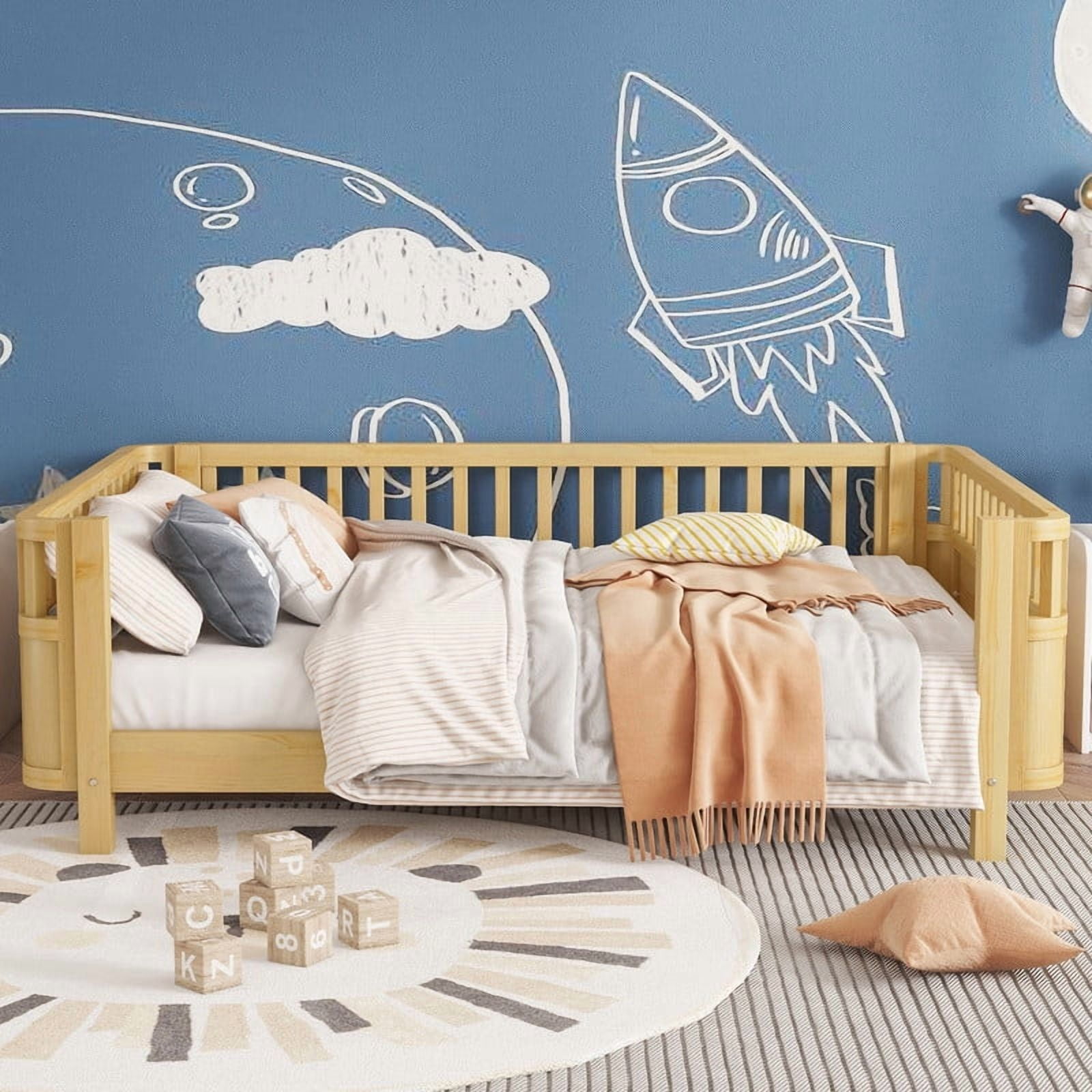 Mirightone Full Size Montessori Bed with Guardrails, Wooden Low Profile Bed Frame with Slat Support, Modern Bed with Removable Side Rails, Natural