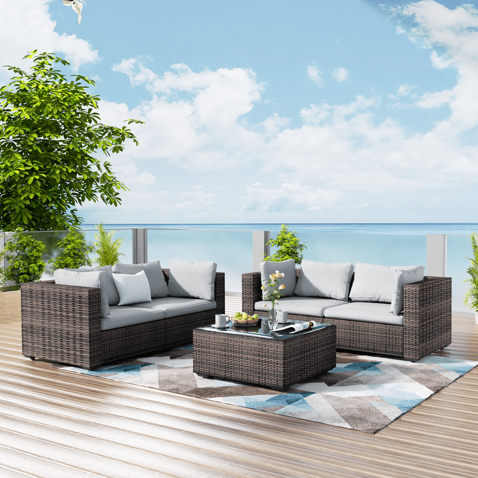 TANGJEAMER 5 Piece Patio Furniture Set, All Weather Outdoor Sectional PE Rattan, Patio Conversation Sets with Cushions and Glass Coffee Table for Garden Lawn Balcony Porch Deck, Grey
