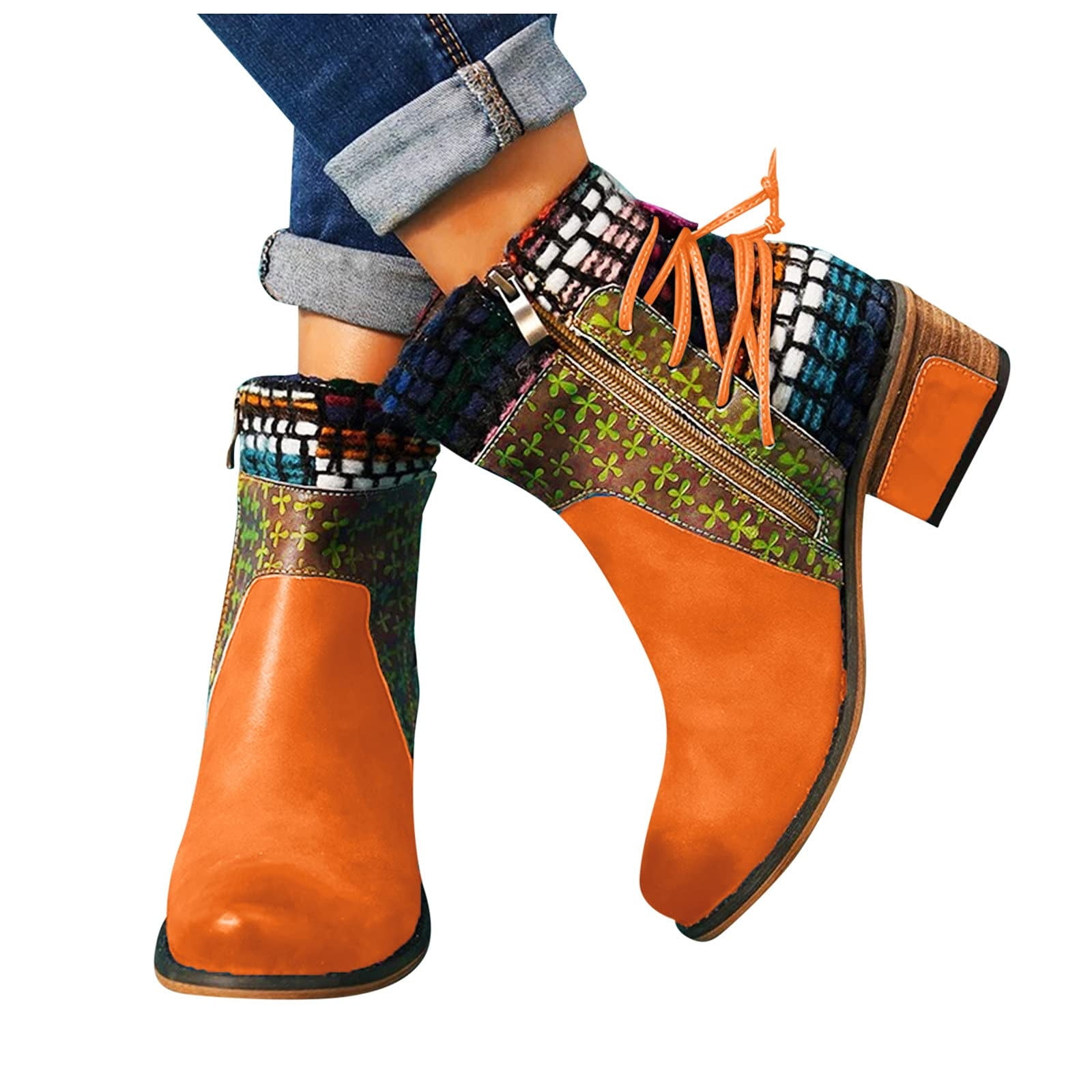Summer Saving Clearance AXXD Women's Vintage Splicing Round Toe Square Heel Boots Thick Heel Short Shoes Winter Boots for Women Clearance Orange Size 36(US:5.5)