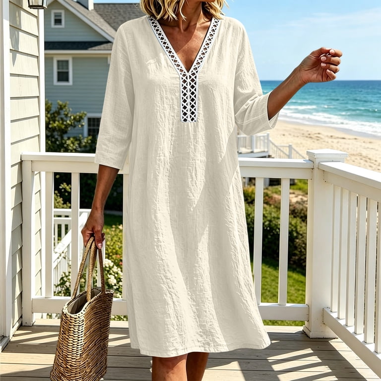 lace winter women dress Ashirexll for Loose Casual Style 3/4 Sleeve V-Neck Solid Color Dress with Pockets 3 (inch) SIZE XL 1/14/25 IB Black Sexy Dress - SIZE:33