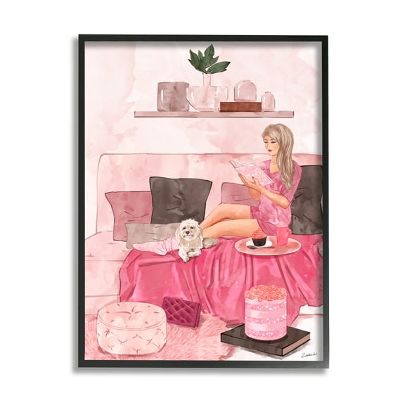 Fashionista Reading with Dog Room Interior 11 in x 14 in Framed Painting Art Print, by Stupell Home Décor