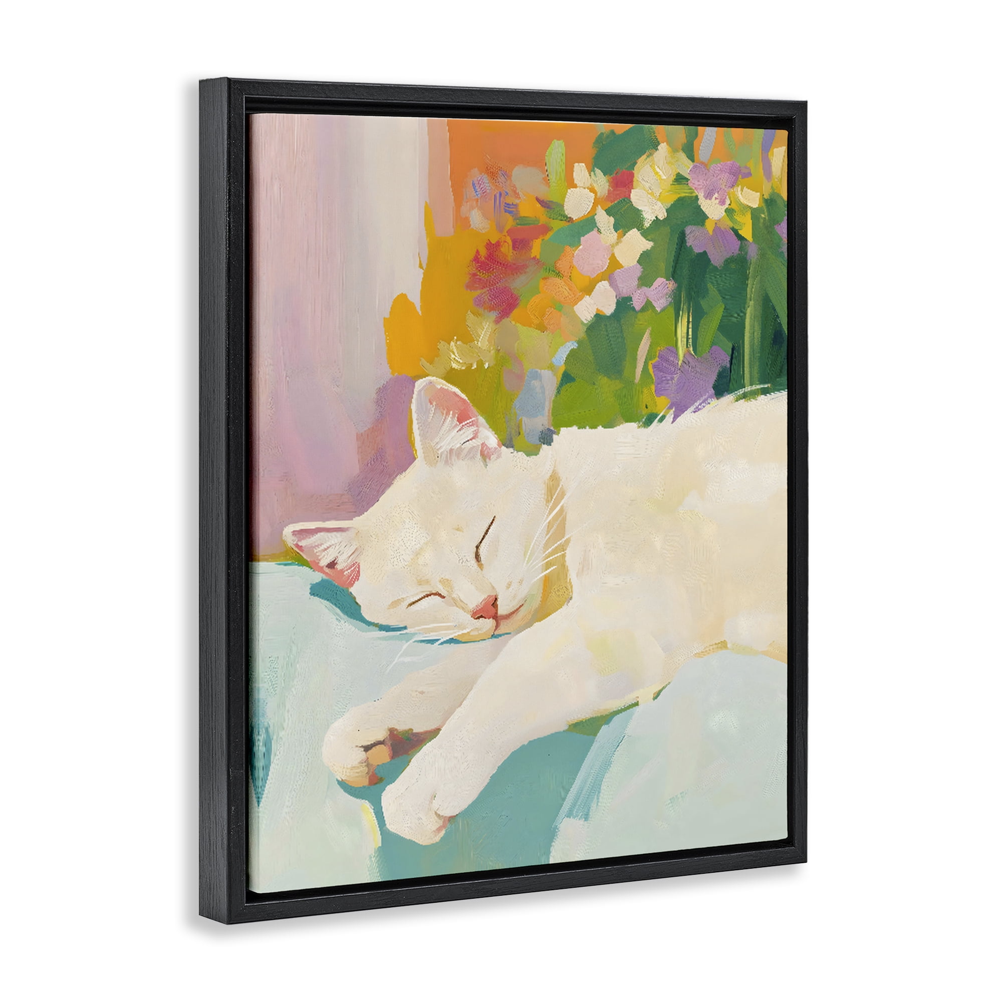 Stupell Industries Sleeping Cat with Flowers Black Framed Floater Canvas Wall Art, design by The Prints Vibe