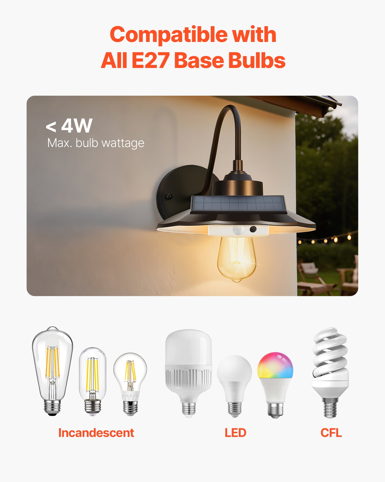 VEVOR Solar Outdoor Barn Light, 3 Lighting Modes and Motion Sensor, 2-Pack Gooseneck Light Fixture, Farmhouse Wall Sconce, with E27 Bulb Compatible, Waterproof for Porch, House, Entryway, Black