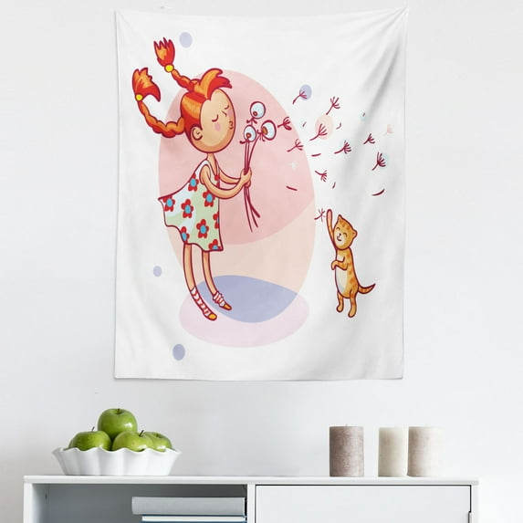 Dandelion Tapestry, Girl Blowing a Blowball and Playing with Her Cat Pastel Color Dots Cartoon, Fabric Wall Hanging Decor for Bedroom Living Room Dorm, 5 Sizes, Multicolor, by Ambesonne