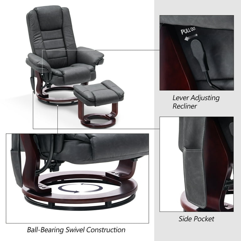 Mcombo Massage Recliner with Ottoman Chair, Lumbar Pillow, Swivel Wood Base, Faux Leather 9096 (Dark Grey)