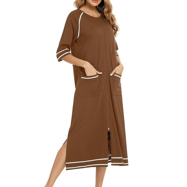 MeetoTime Women Robe Zipper Front House Dress 3/4 Sleeve Nightgown Full Length Ladies Loungewear with Pockets