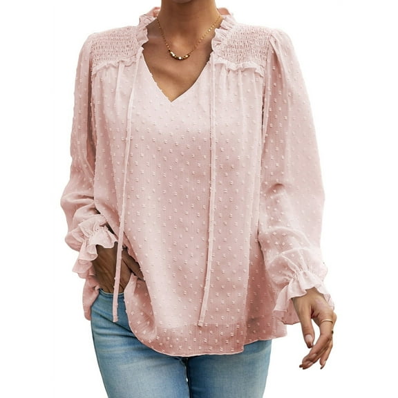 Women'S Casual Blouse - Dot Summer Shirts Elegent V Neck Long Sleeve Loose Dressy Office Tops Pink M