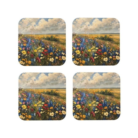 

Honeii Vibrant Wildflower Meadow Print Leather Coaster Set of 4 Ideal for Safeguarding Your Furniture from Drinks Spills and Effortless Cleanup-Square