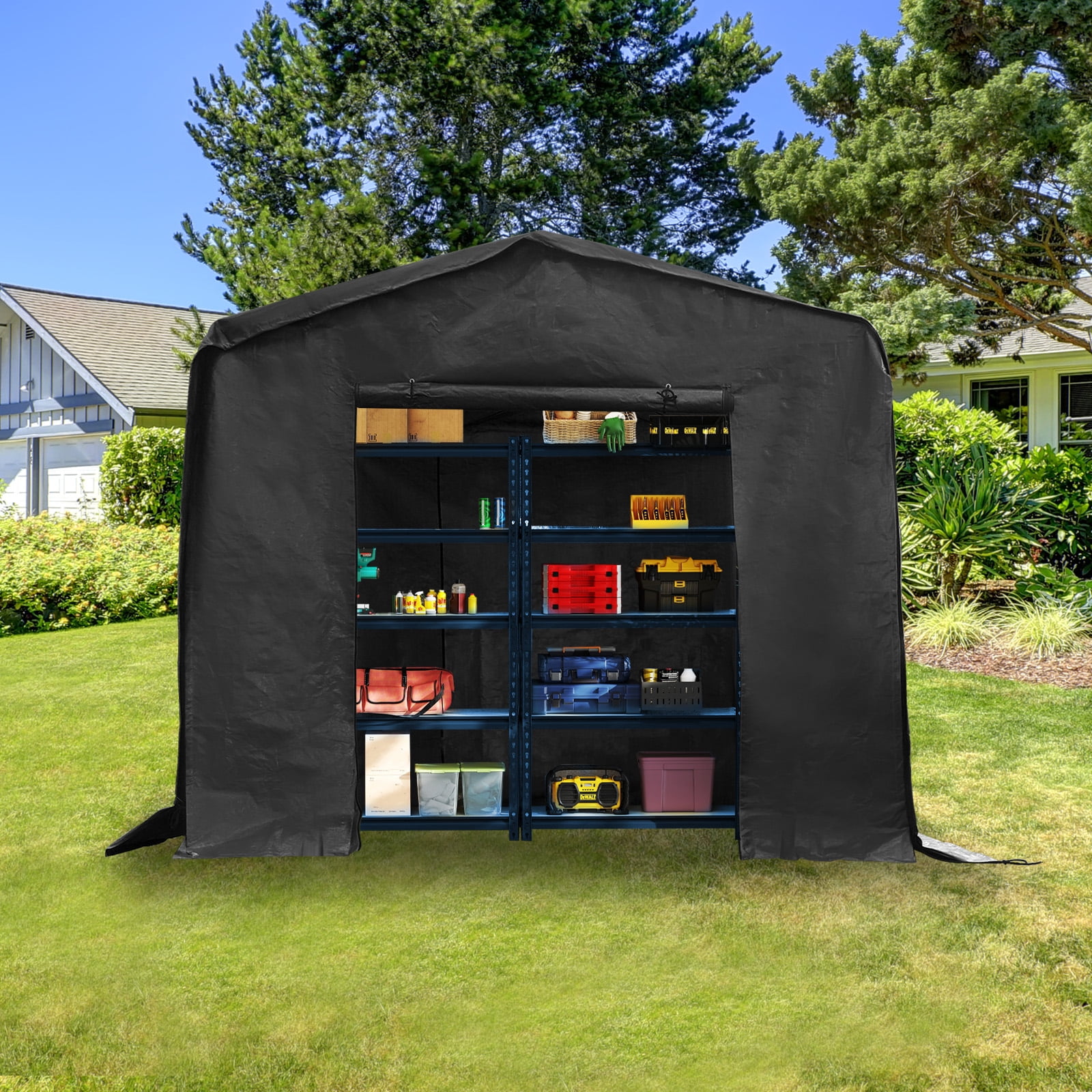 Black PE Steel Frame 2.4 * 2.4 * 2.4m Carport Tarpaulin Metal Frame Storage Shed Outdoor Garage