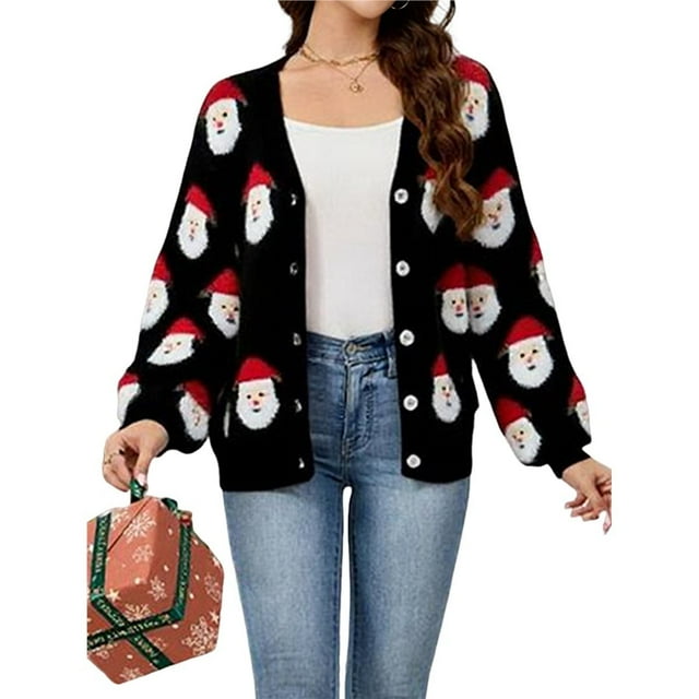 Suéteres Navideños Tipo Cárdigan para Mujer, Suaves, de Larga y Punto Navideño. Negro S