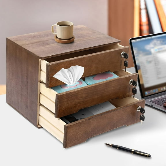 Wooden Desktop Storage Cabinet with 3 Lockable Drawers, Office Desk File Organizer, Small Wooden Drawer Storage Box for Home Office Supplies, Sewing Kits,Vanity, Walnut Color