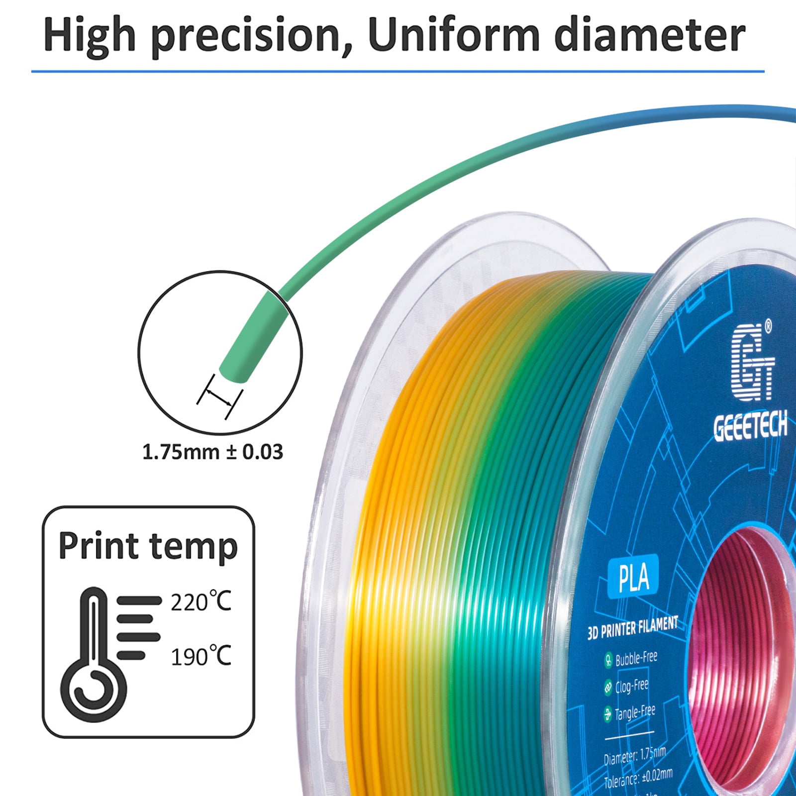 GEEETECH 3D Printer PLA Filament 1.75mm Gradient Color 10kg Spool (22lbs),Dimensional Accuracy +/- 0.03mm