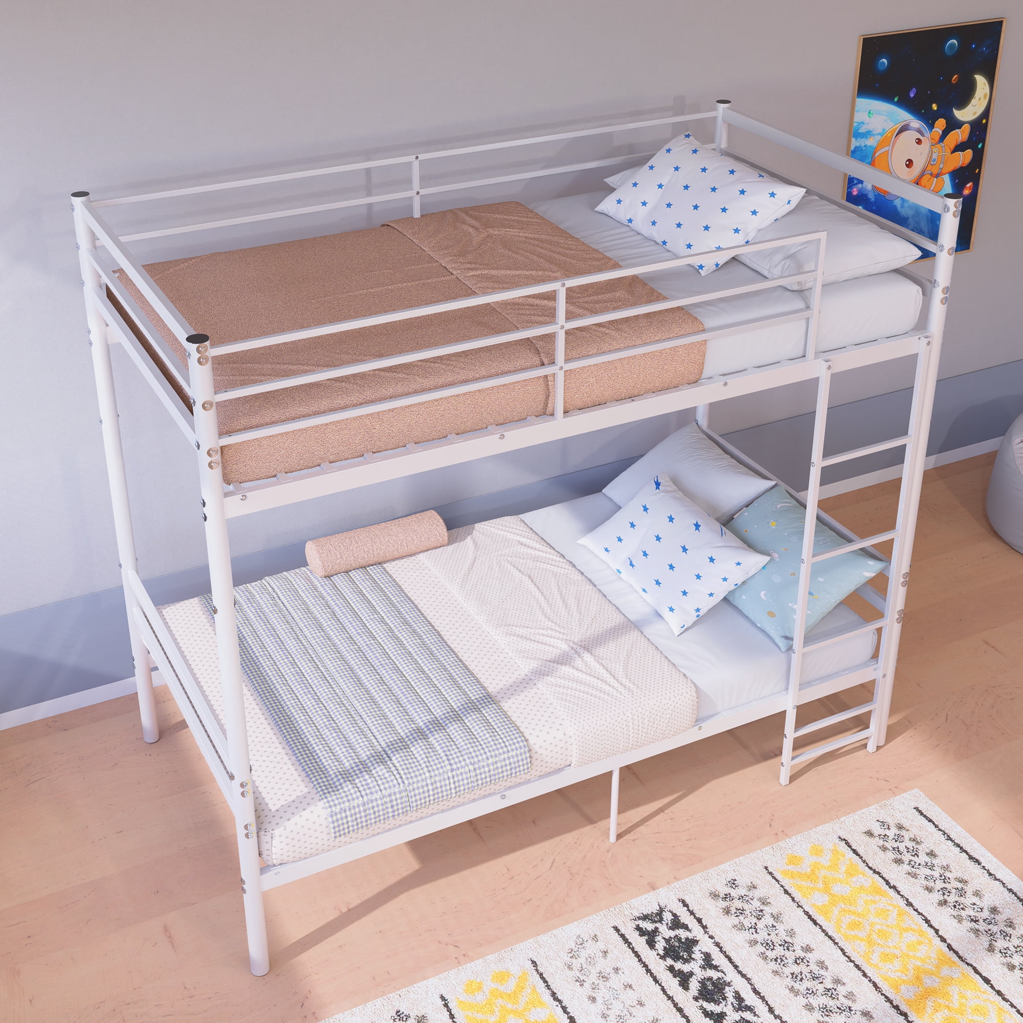 Leumius Bunk Bed Twin Over Twin for Boys Girls,Metal Twin Size Bed Frame with 13.7 Inch High Safety Guardrail & Sturdy Ladder,Converts to 2 Beds,White