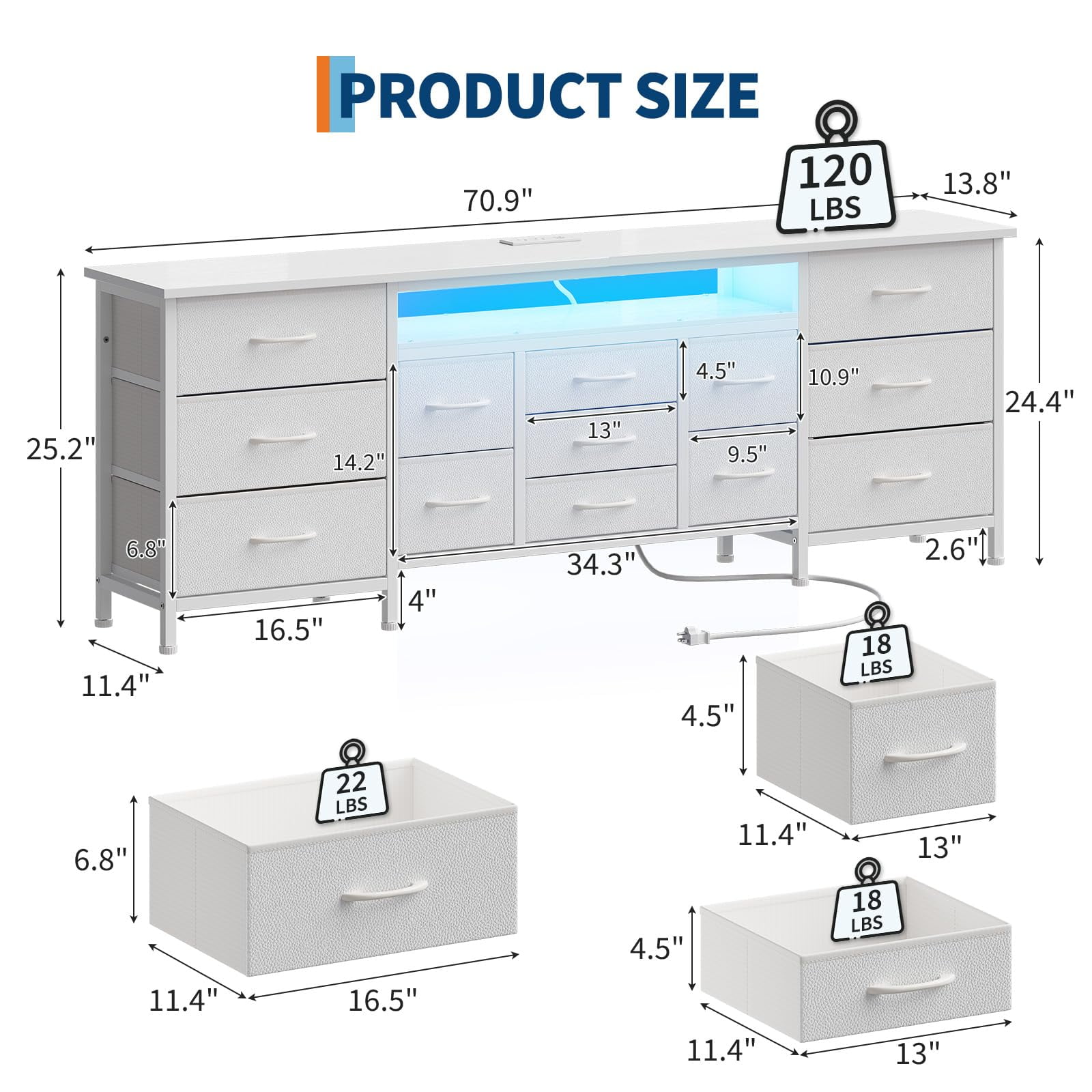 CuisinAid 13 Drawers Dresser for Bedroom Long Fabric Dresser with LED Lights and Power Outlets,White