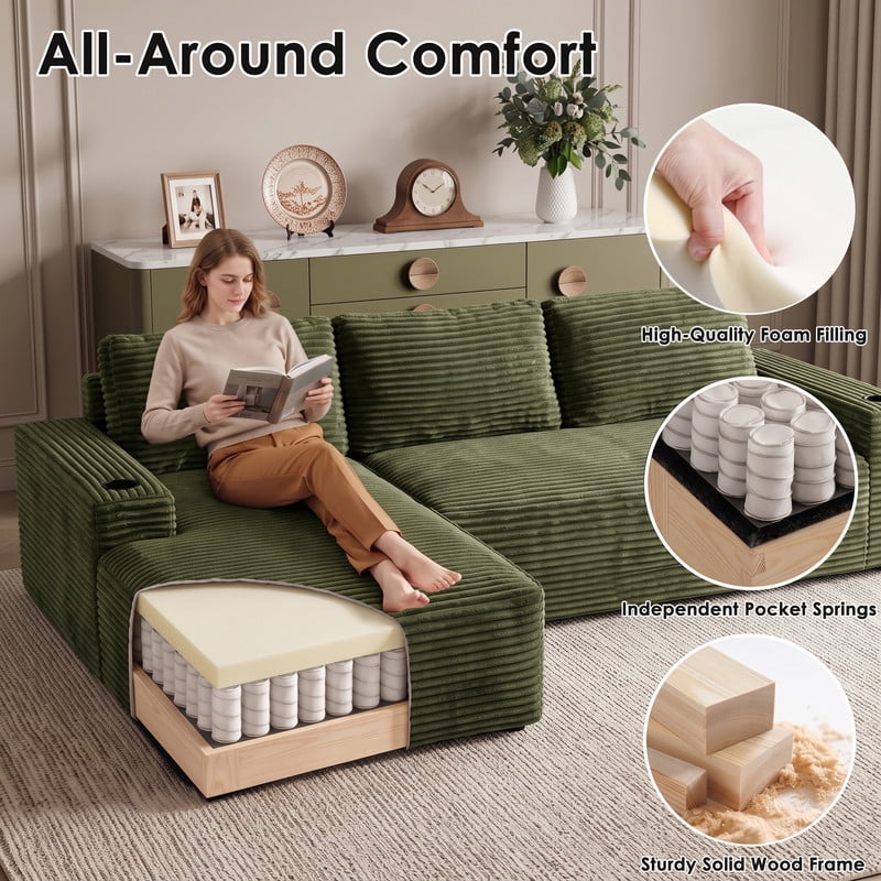 Anpport 104" Boneless Cloud Modular Sectional Couch, Corduroy Sofa with Cup Holders, Side Pockets, Deep Seat, No Assembly Required for Living Room, Green (L‑Shaped, Left Facing Chaise)