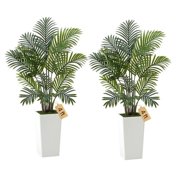 VEVOR Artificial Areca Palms 4 ft, 2 Pack Fake Palm Tropical Plants with White Tall Planter, Faux Floor Silk Plant in Pot, Large Tree for Home Office Living Room Decor House Warming, Indoor Outdoor