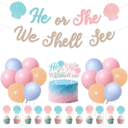 Seashell Gender Reveal Decorations He or She We Shell See Banner Seashell Cake Cupcake Topper He or She Gender Reveal Decorations for Women Under the Sea Baby Shower Decors Party Supplies