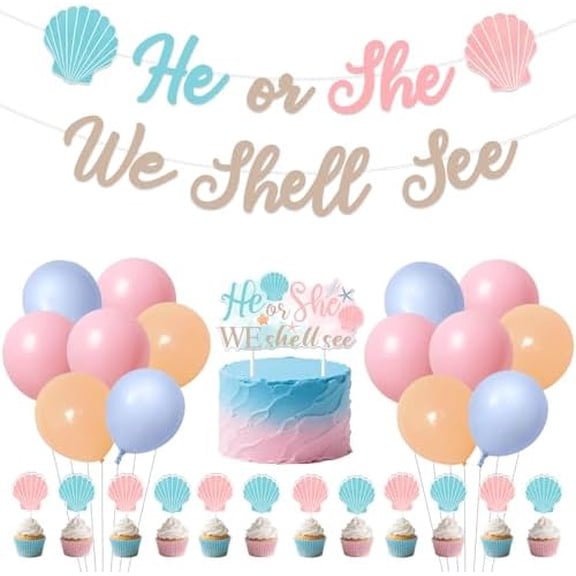 Seashell Gender Reveal Decorations He or She We Shell See Banner Seashell Cake Cupcake Topper He or She Gender Reveal Decorations for Women Under the Sea Baby Shower Decors Party Supplies