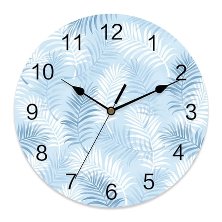 Wall Clock Blue Tropical Palm Leaves Clocks PVC Silent Non-Ticking Battery Operated Decorative Summer Jungle Foliage Round Clock for Home Living Room Kitchen Bedroom Office School Wall Decor 10 Inch