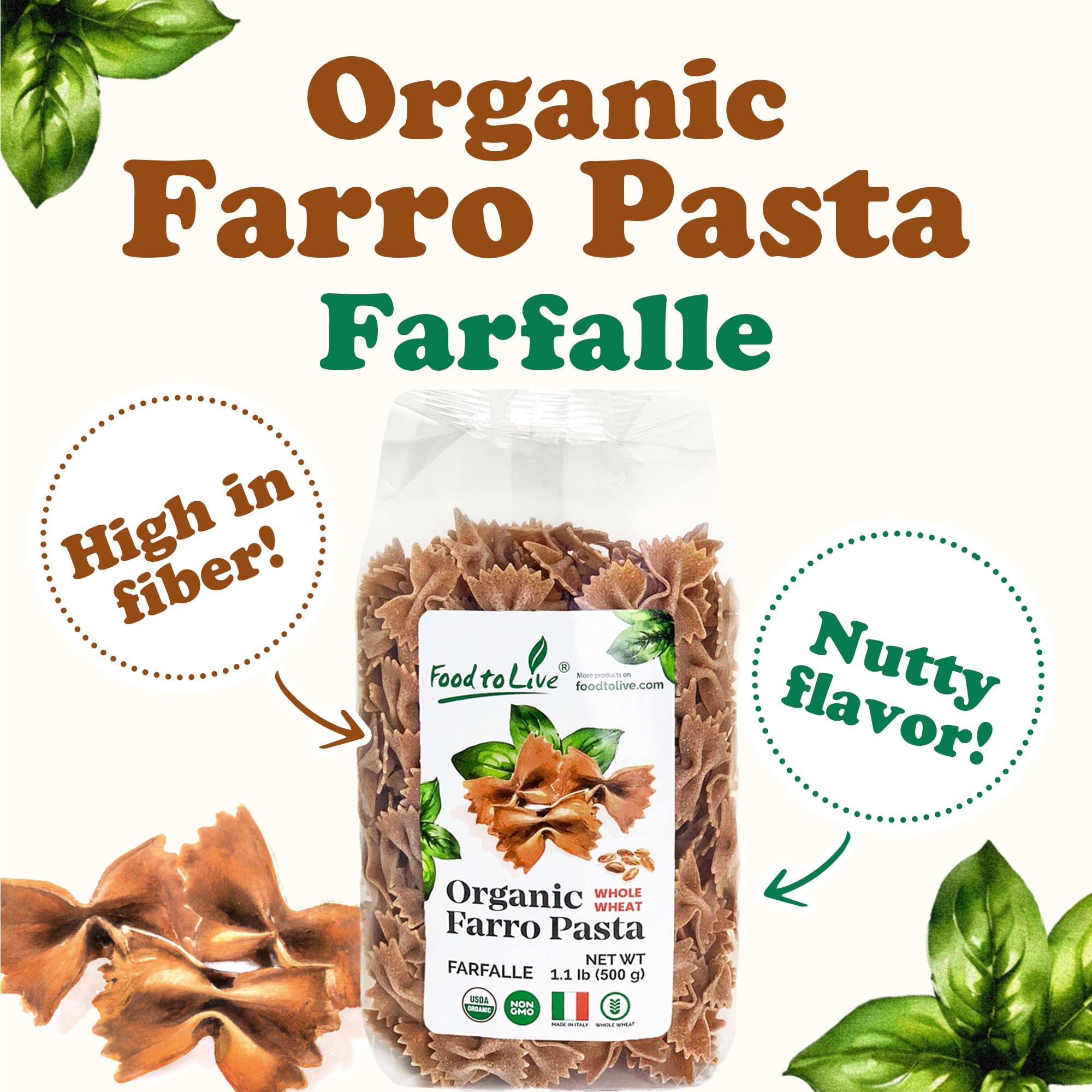 Organic Farro Farfalle Pasta, 1.1 lb (Pack of 4) – Italian Whole Wheat and Non-GMO Bow-tie Pasta – by Food to Live