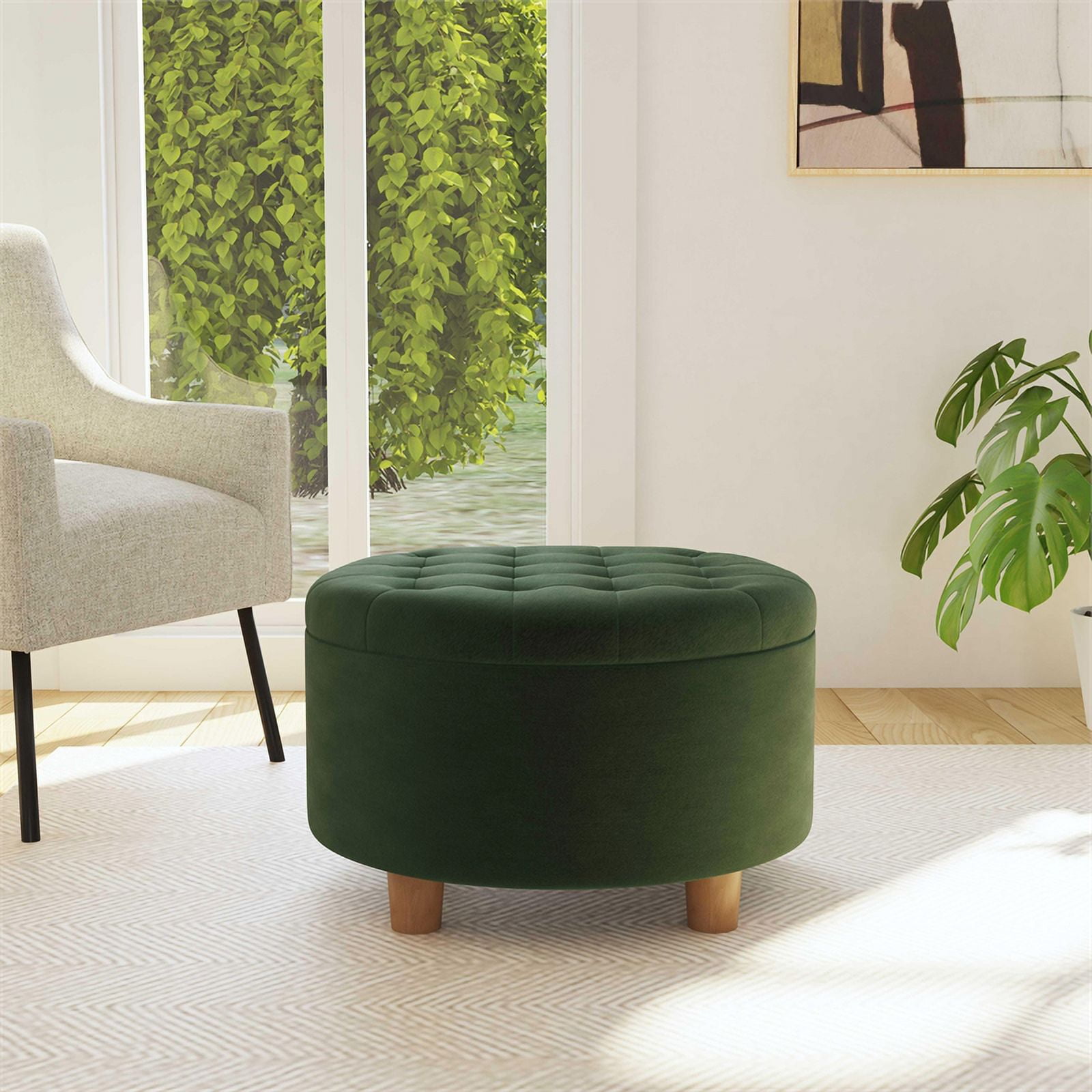 HomePop Large Round Button Tufted Storage Ottoman Loden Green Velvet Walmart