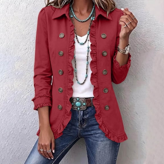 Kadlawus Women's Plus Size Fall Winter Long Sleeve Collared Blazer Ruffle Open Front Jacket Casual Button Down Cardigan Coat for Office Daily Wear, Wine 2XL