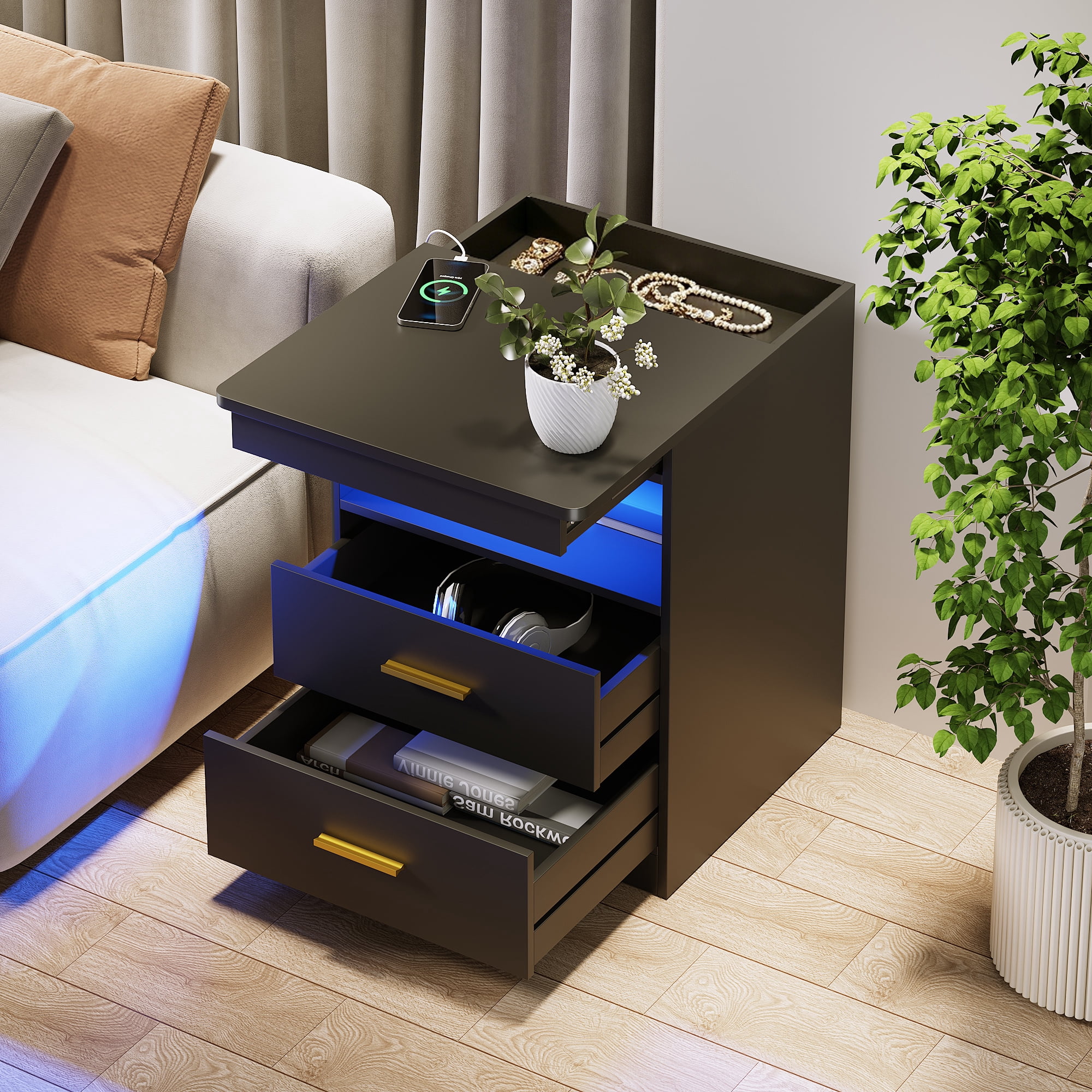 VKCC Rustic Wooden Nightstand with Charging Station, 2 Drawers Bedside Table with LED Lights, Small Cabinet for Bedroom Living Room, Black