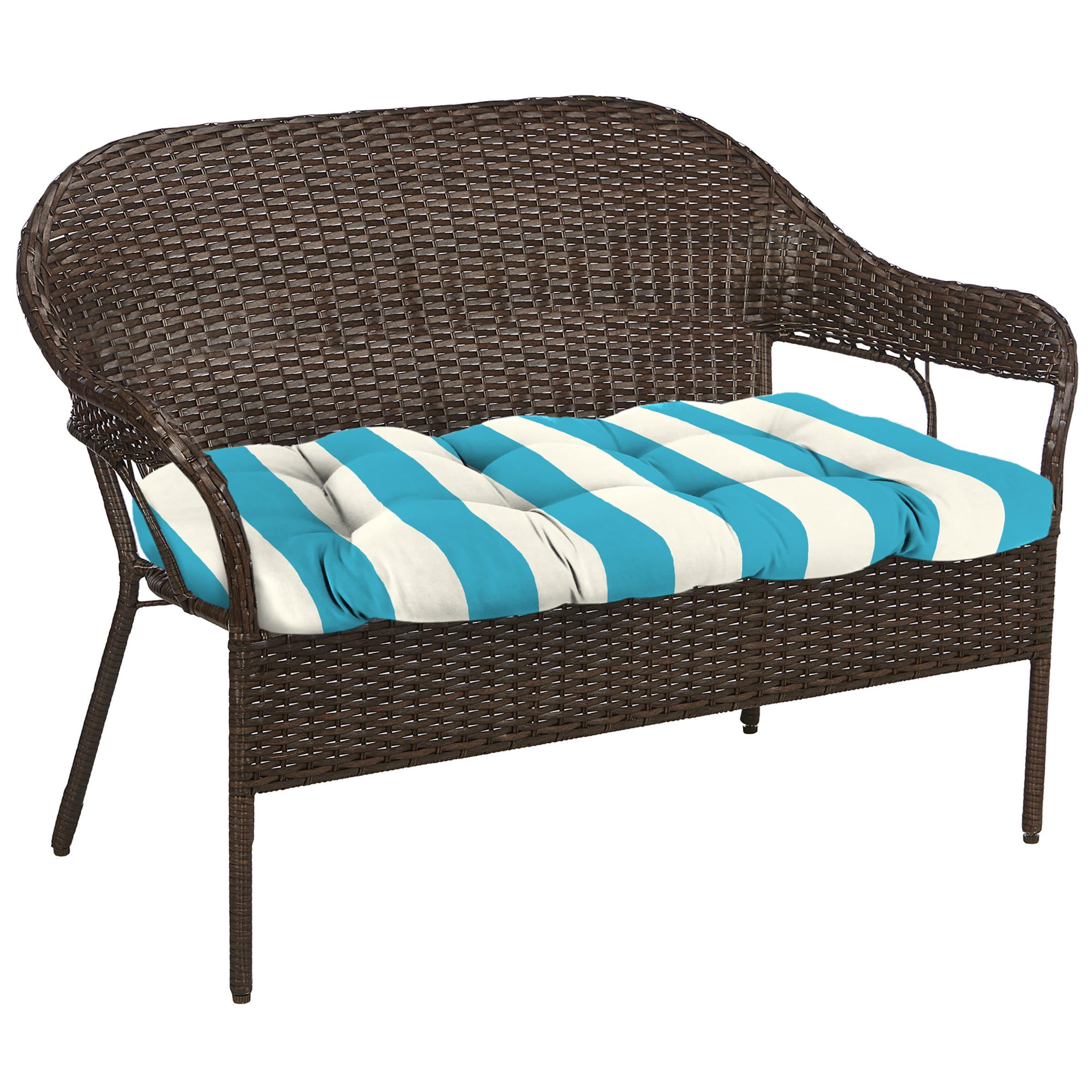 Jordan Manufacturing 3-Piece Cabana Turquoise Stripe Tufted Outdoor Cushion with 1 Wicker Bench Cushion and 2 Wicker Seat Cushions