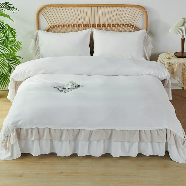 Bedding Vintage Ruffled Twin White Beige Duvet Cover Set with 2 Layers