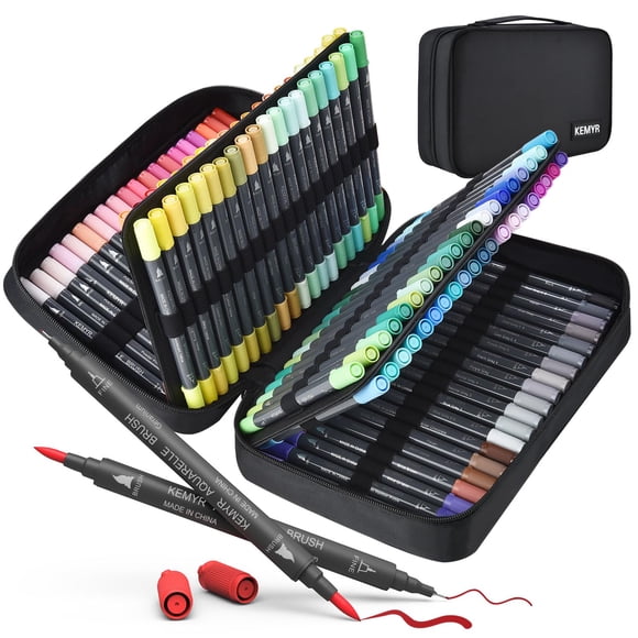 KEMYR Marqueurs pour Livres de Coloriage pour Adultes : Ensemble de 120 Couleurs Marqueurs à Double Pointe Stylos Fins & Pinceau Marqueurs d'Art à Base d'Eau pour Adultes Dessin Croquis Balle