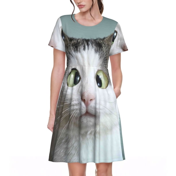 Disketp Funny Cat para Vestido de Manga Corta para Mujeres, Vestidos de Verano para Mujeres, Casual y Holgado para la Playa