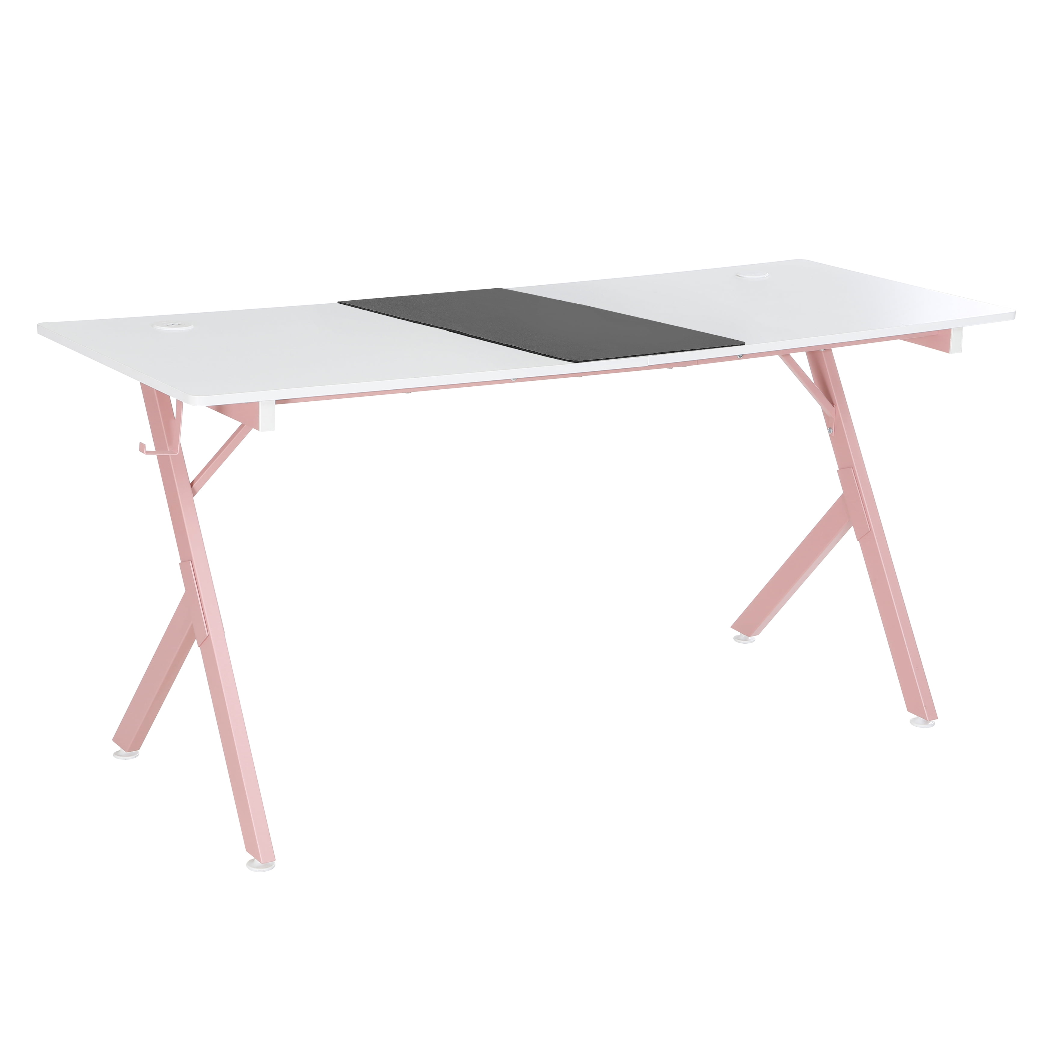 JJS Game Table 63 ", carbon fiber surface computer table, mouse pad, ergonomic e-sports style game table, dual headphone hooks, White pink