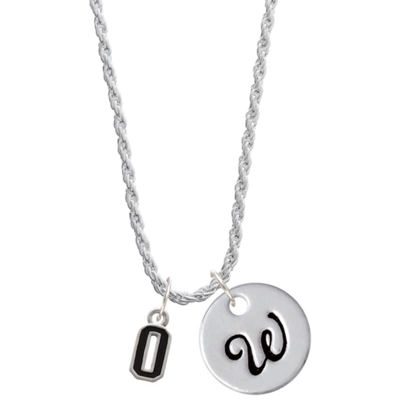 Delight Jewelry Silvertone Black Number - 0 Silvertone Script Initial Disc - W - Charm Necklace, 20"+3"