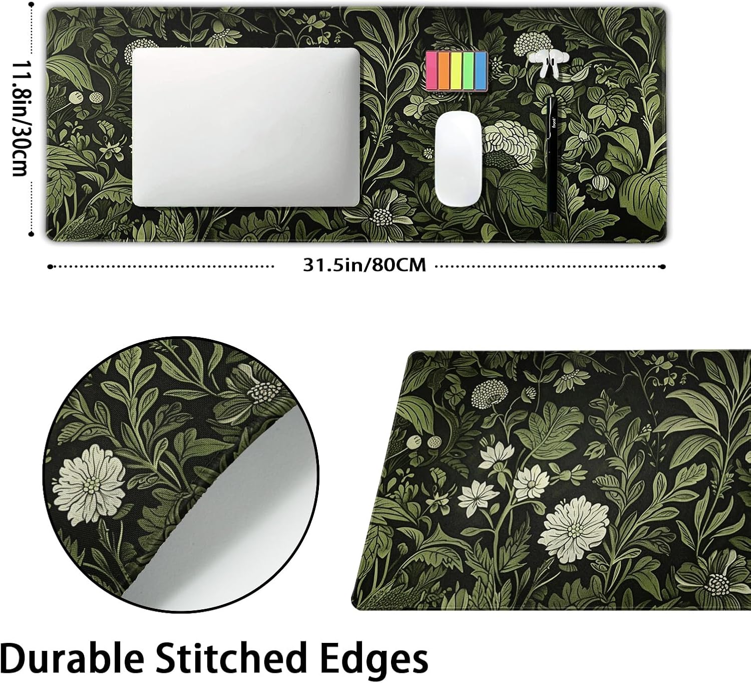 Botanical Green Leaves Gaming Mouse Pad XL Beige Plant Black Aesthetic Extended Big Large Desk Mat Non-Slip Rubber Base Stitched Edge Long Keyboard Mousepad for PC Computer Laptop,31.5×11.8 in