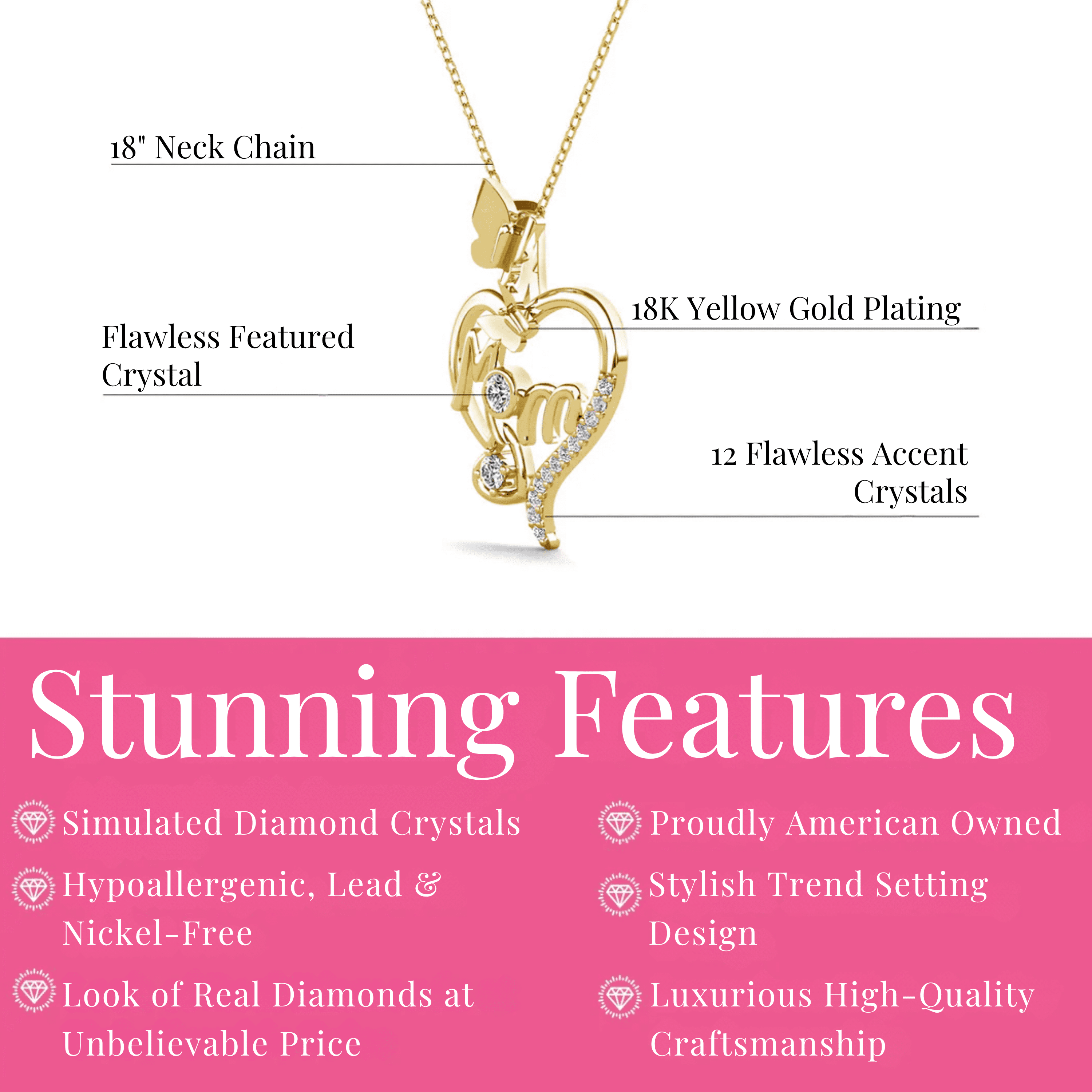 Cate & Chloe Mabel 18k Yellow Gold Plated Mom Heart Necklace with Simulated Diamonds Gift for Women