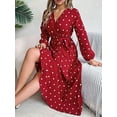 thumbnail image 4 of Women'S Polka Dot Wrap V Neck Belt Long Sleeve Pleated Maxi Dress Flowy Casual Long Dress Wine Red L, 4 of 8