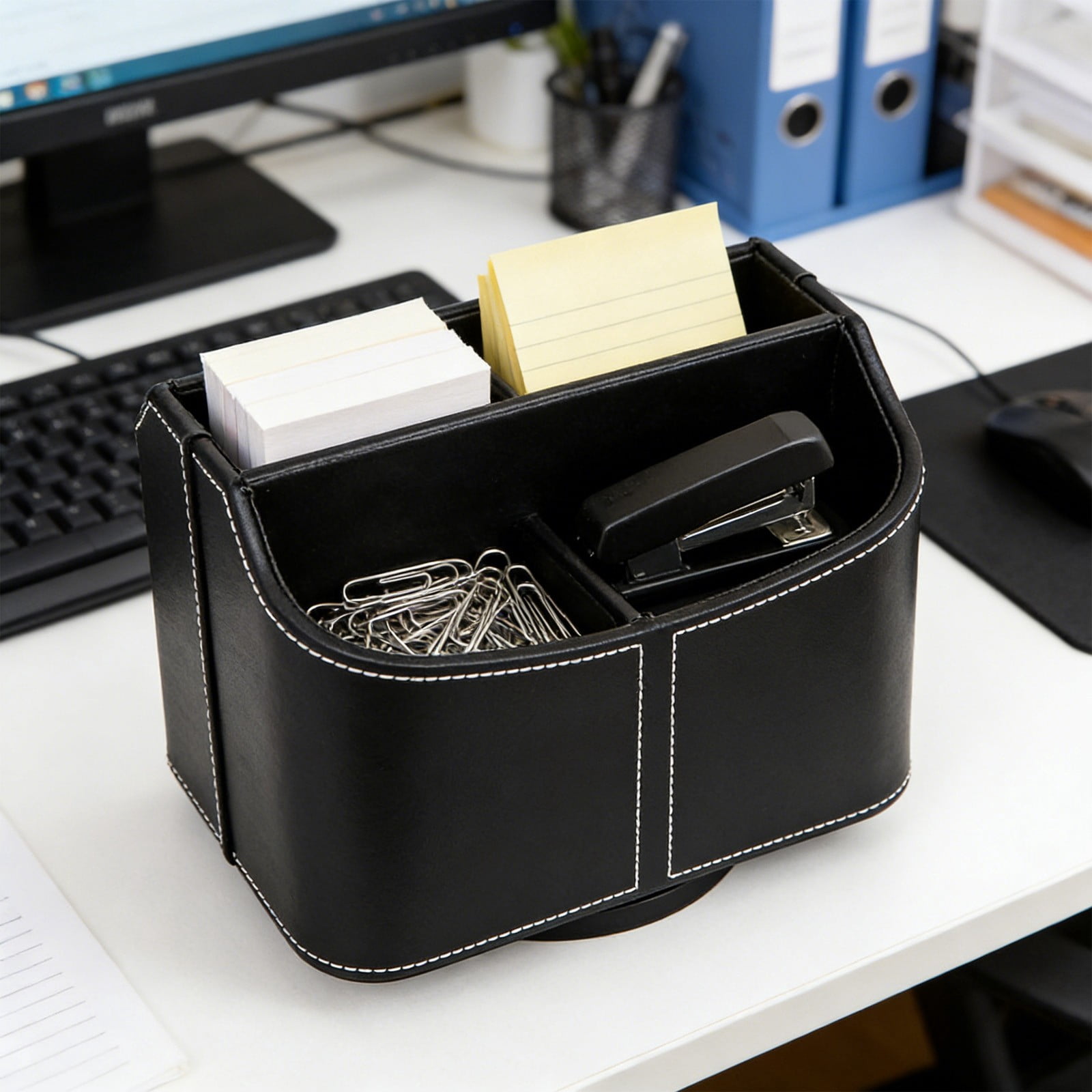 Leodye 1PCS Rotating Leather Desk Organizer, Multi-functional Pen and Remote Holder, Desktop Storage Box for Home office Desk Accessories -7.48*6.1*5.31in