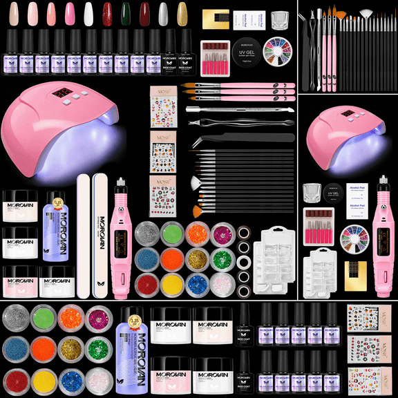 Morovan Acrylic Nail Kit Complete Set Studio Set with 6Pcs Gel Nail Polish Set, 4 Acrylic Powders & Full Kit – Nail Tips, Lamp, Tools & Decorations for Home Salon