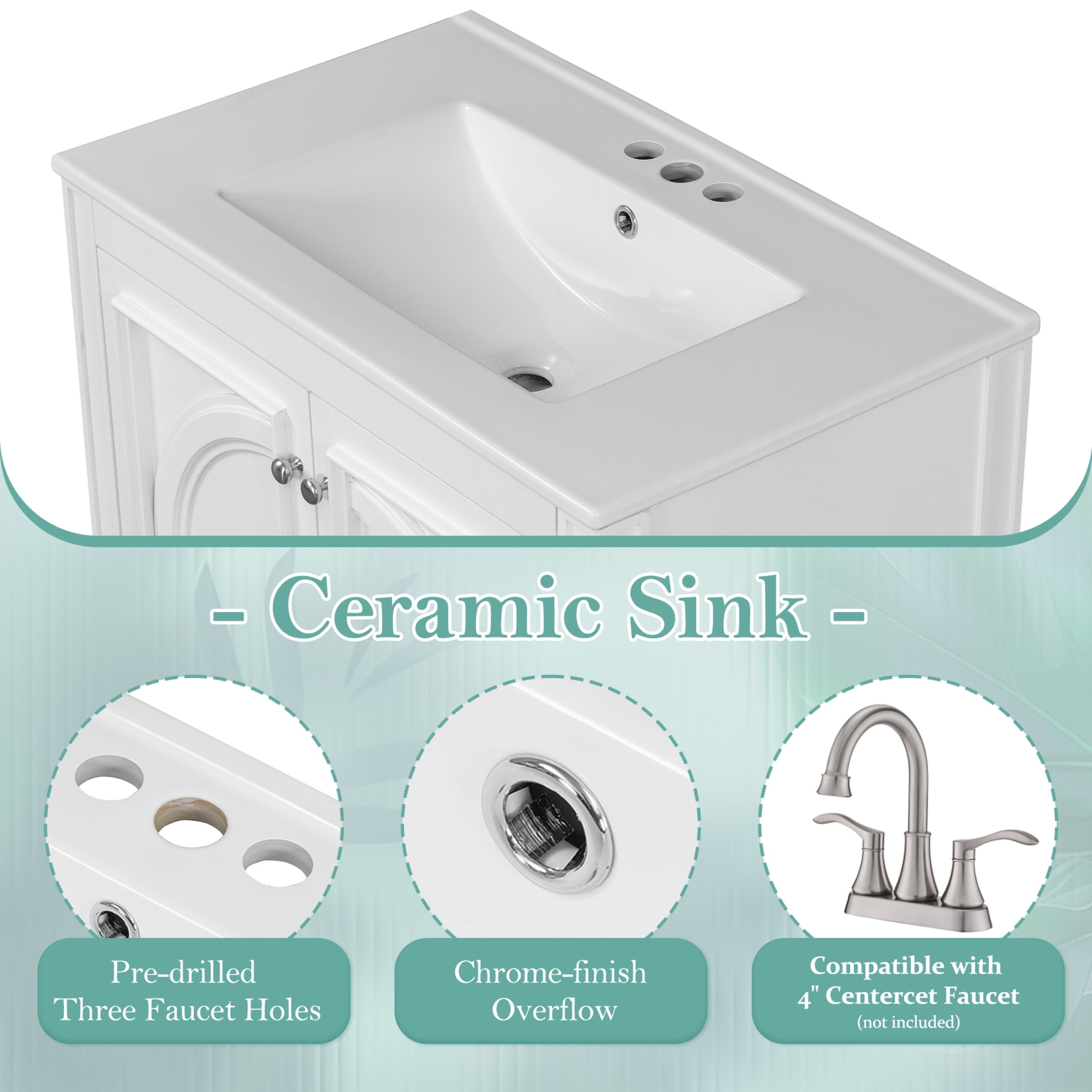 GDF Studio Vintage 30" Bathroom Vanity with Ceramic Sink, Soft-Close Door, and Ample Storage, White