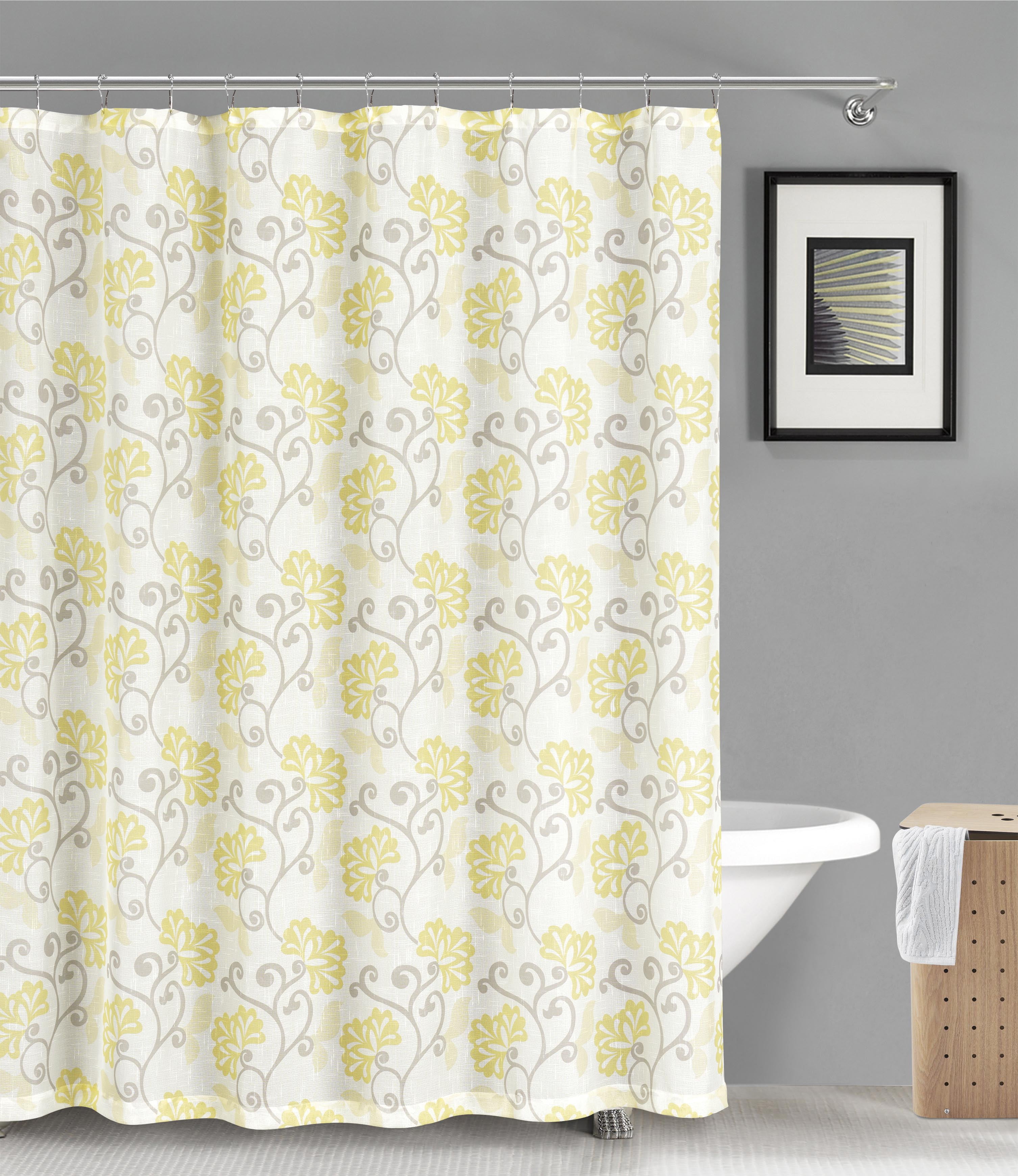Fabric Shower Curtain Sheer, Yellow and OffWhite Floral Design, 70" x