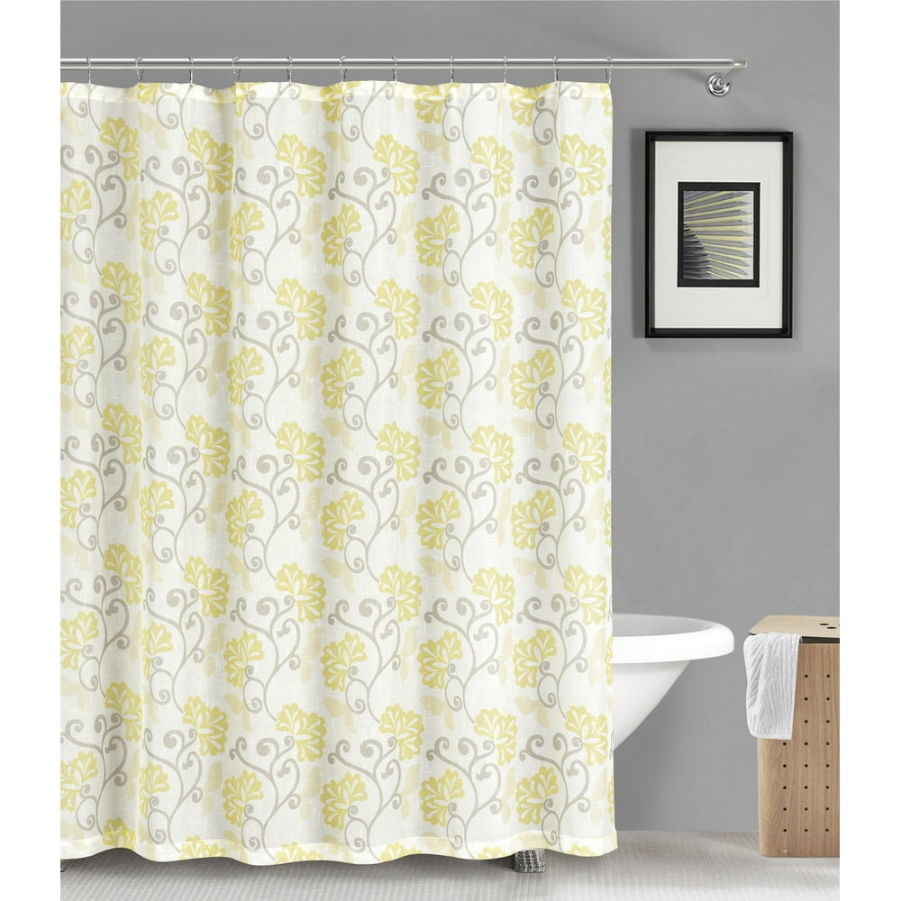 Fabric Shower Curtain Sheer, Yellow and OffWhite Floral Design, 70" x