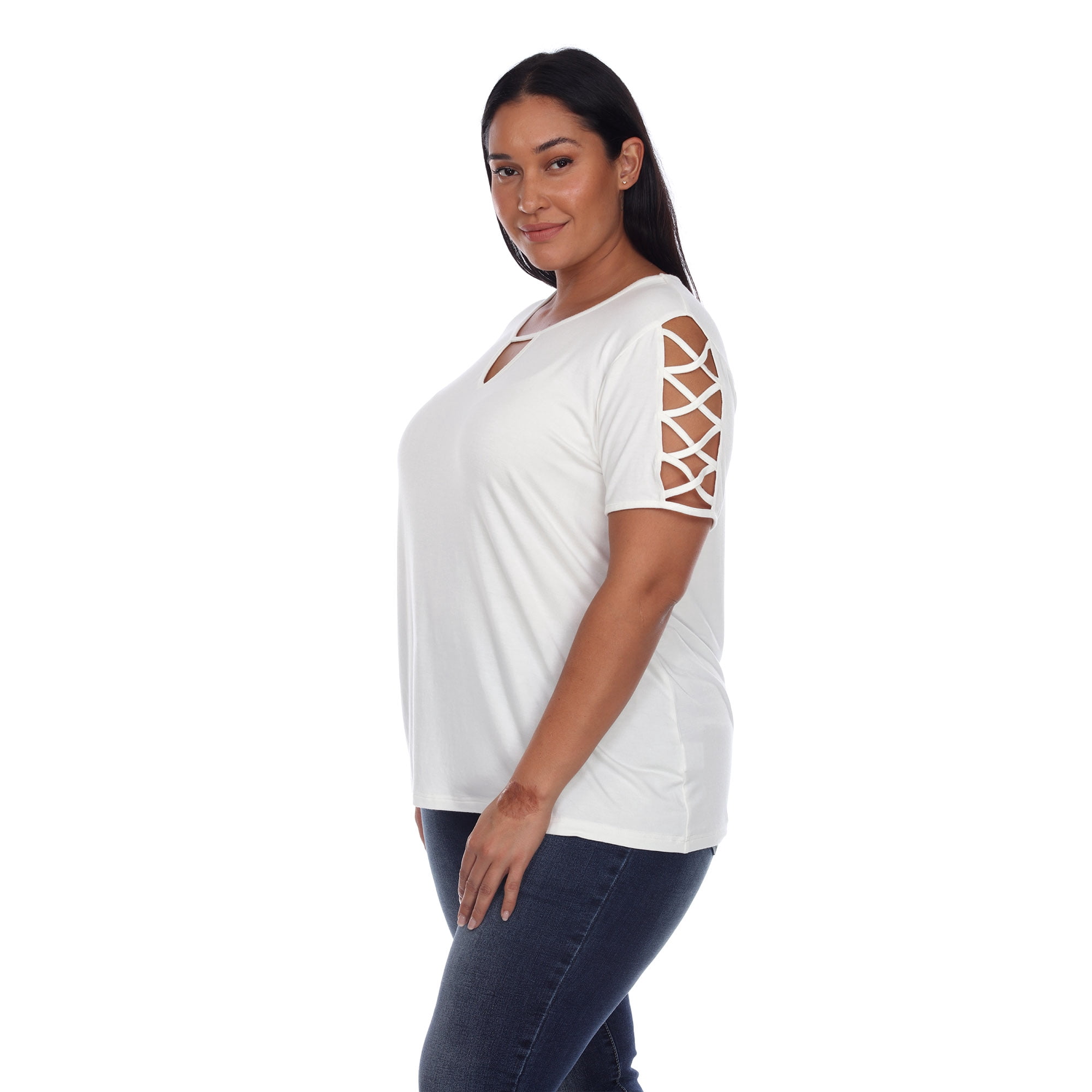 White Mark Women's Plus Size Keyhole Neck Short Crisscross Sleeve Shirt Top