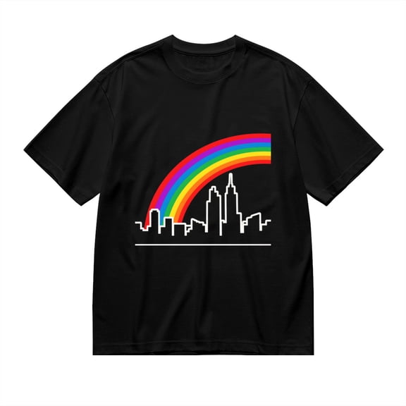 Black T Shirts for Men, Rainbow, Cityscape, Colorful Skyline Graphic Mens Graphic Tees, 24898395,S