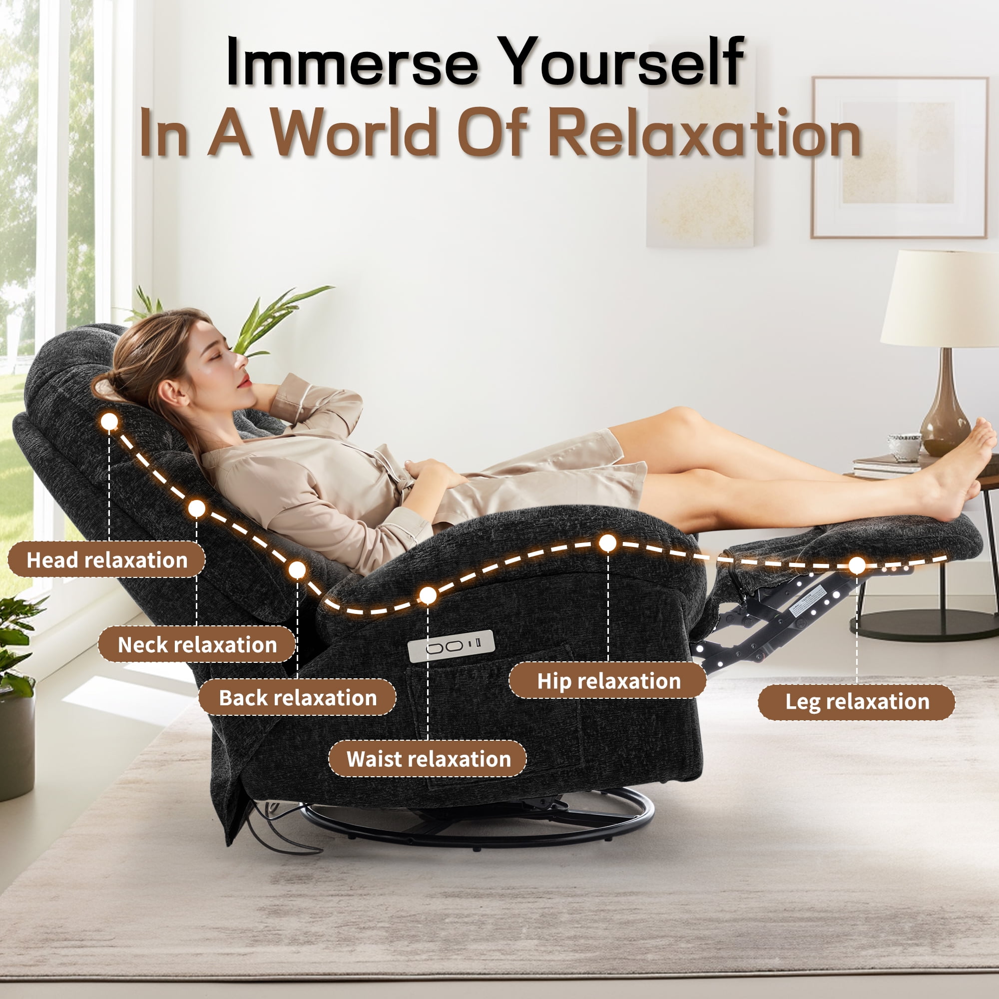 Korser Power Swivel Rocker Recliner Chair with USB Ports Chenille for Living Room,Black